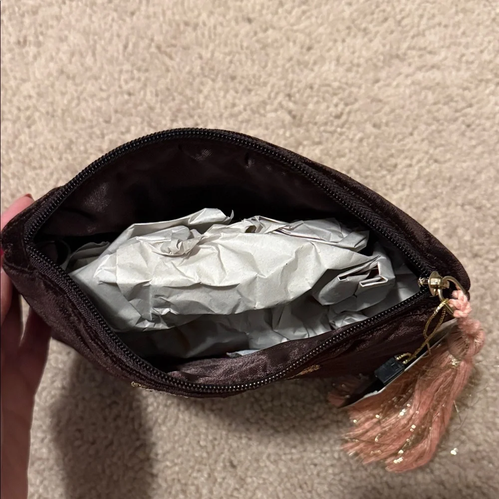 Brown Espresso Martini Velvet Cosmetic Bag with Beaded Cocktail Design Pink New